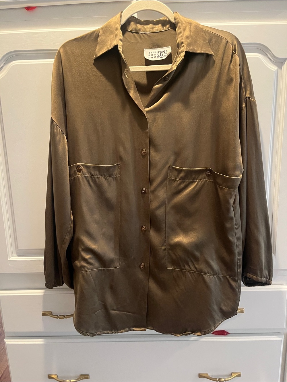 MM6 Maison Margiela 100% Silk Oversized Blouse Top Bronze Olive IT 42 US 6